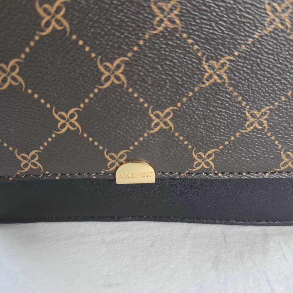 Nine West Brown Black Monogram Logo Crossbody Bag Wallet on Chain Gold Hardware - Picture 2 of 7
